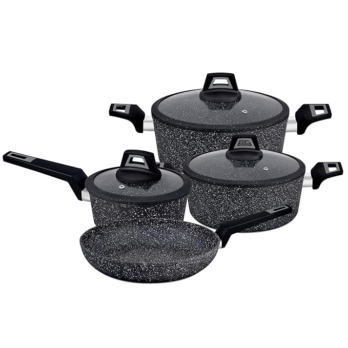 Kitchenora Granite Non-Stick Cookware Set with Frying Pan & Glass Lids