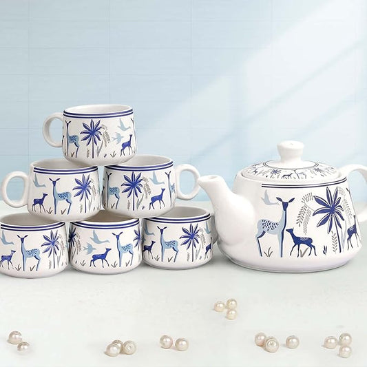 Kitchenora Ceramic Tea Set with Kettle & 6 Cups