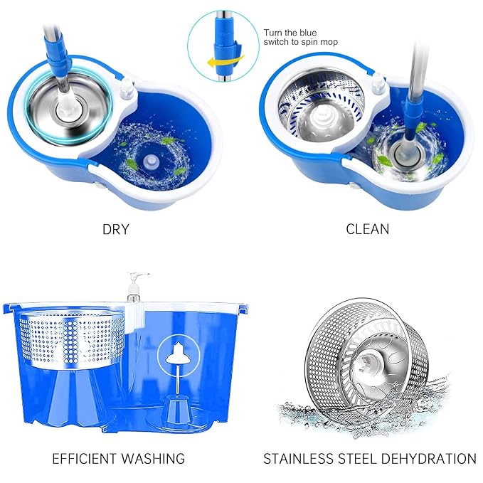 Kitchenora Spin Mop Bucket Set with 3 Microfiber Refills