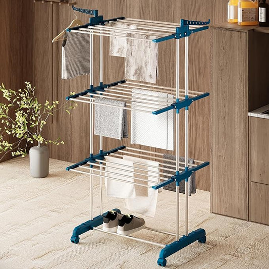 Kitchenora Foldable Cloth Drying Stand with 6 Wings & Wheels