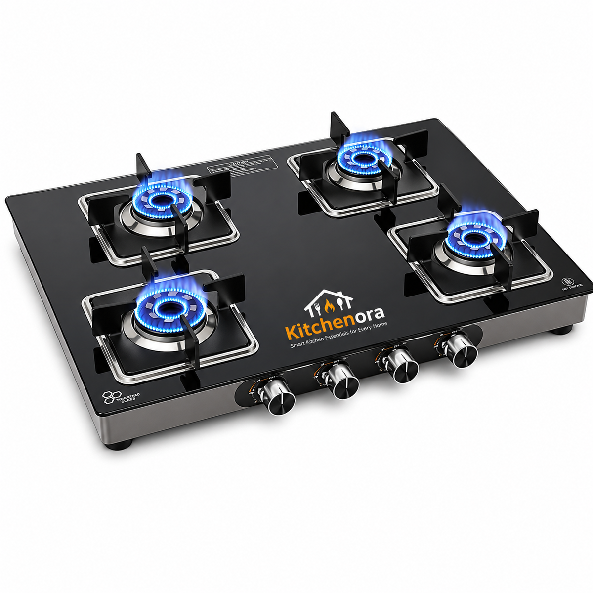 Kitchenora 4 Burner Toughened Glass Gas Stove with Brass Burners