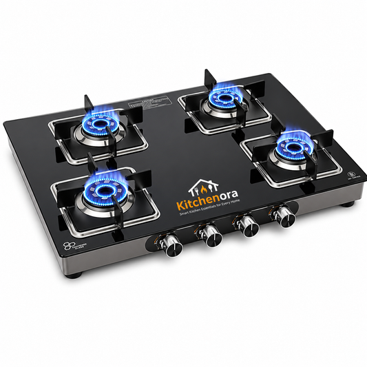 Kitchenora 4 Burner Toughened Glass Gas Stove with Brass Burners