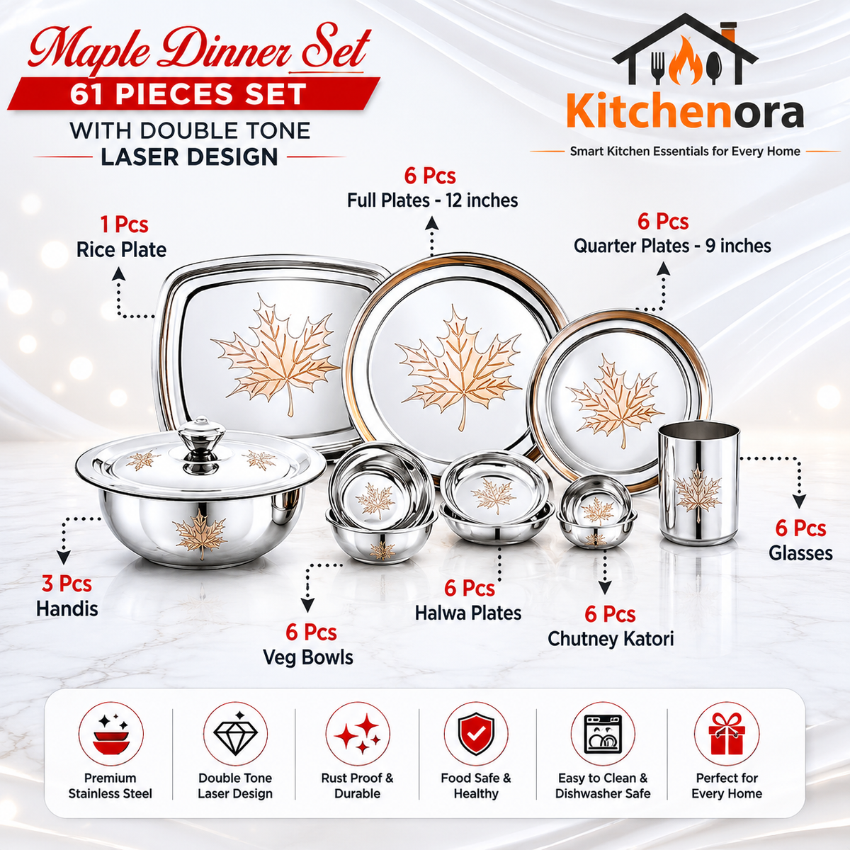 Kitchenora Maple Stainless Steel Dinner Set 61 Pieces with Laser Design