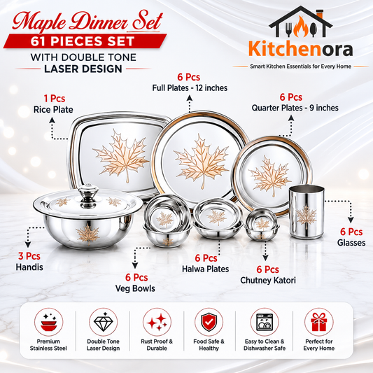Kitchenora Maple Stainless Steel Dinner Set 61 Pieces with Laser Design