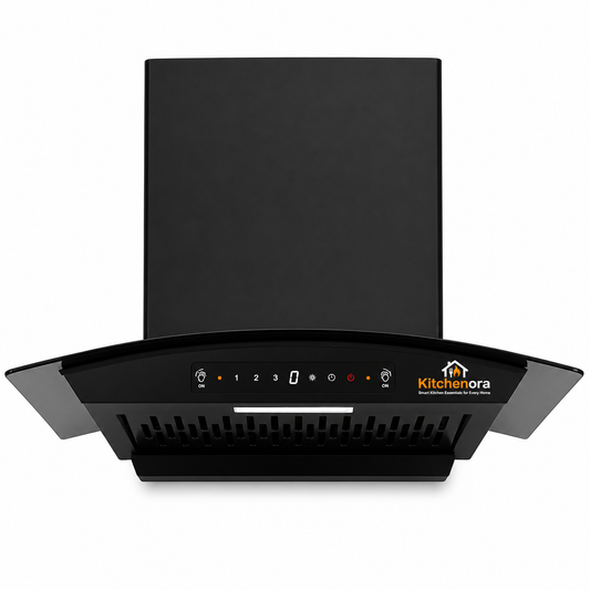 Kitchenora 60cm Black Curved Glass Auto Clean Kitchen Chimney