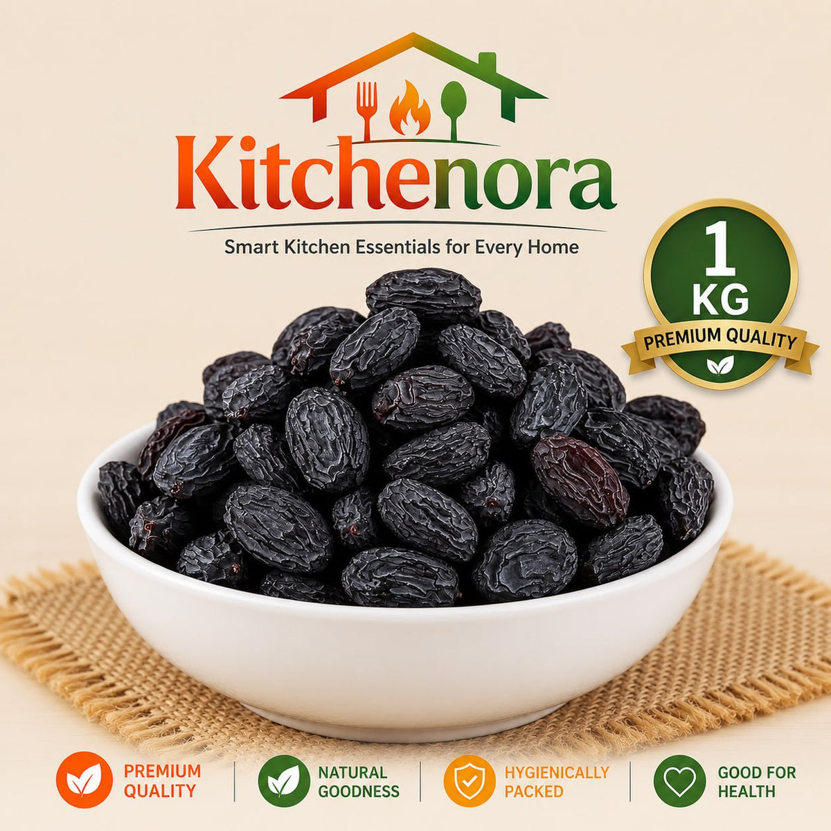 Kitchenora 1KG Premium Black Raisins Pack